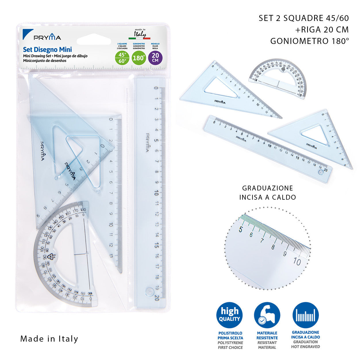 Set Righelli Scolastici | Righello 20cm, Squadra 45°, Cartabona 60°, Goniometro 180° | Plastica Resistente - Foto 3