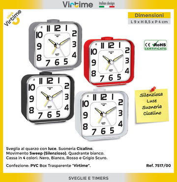 Virtime - Sveglia Quarzo quadra con luce e sweep