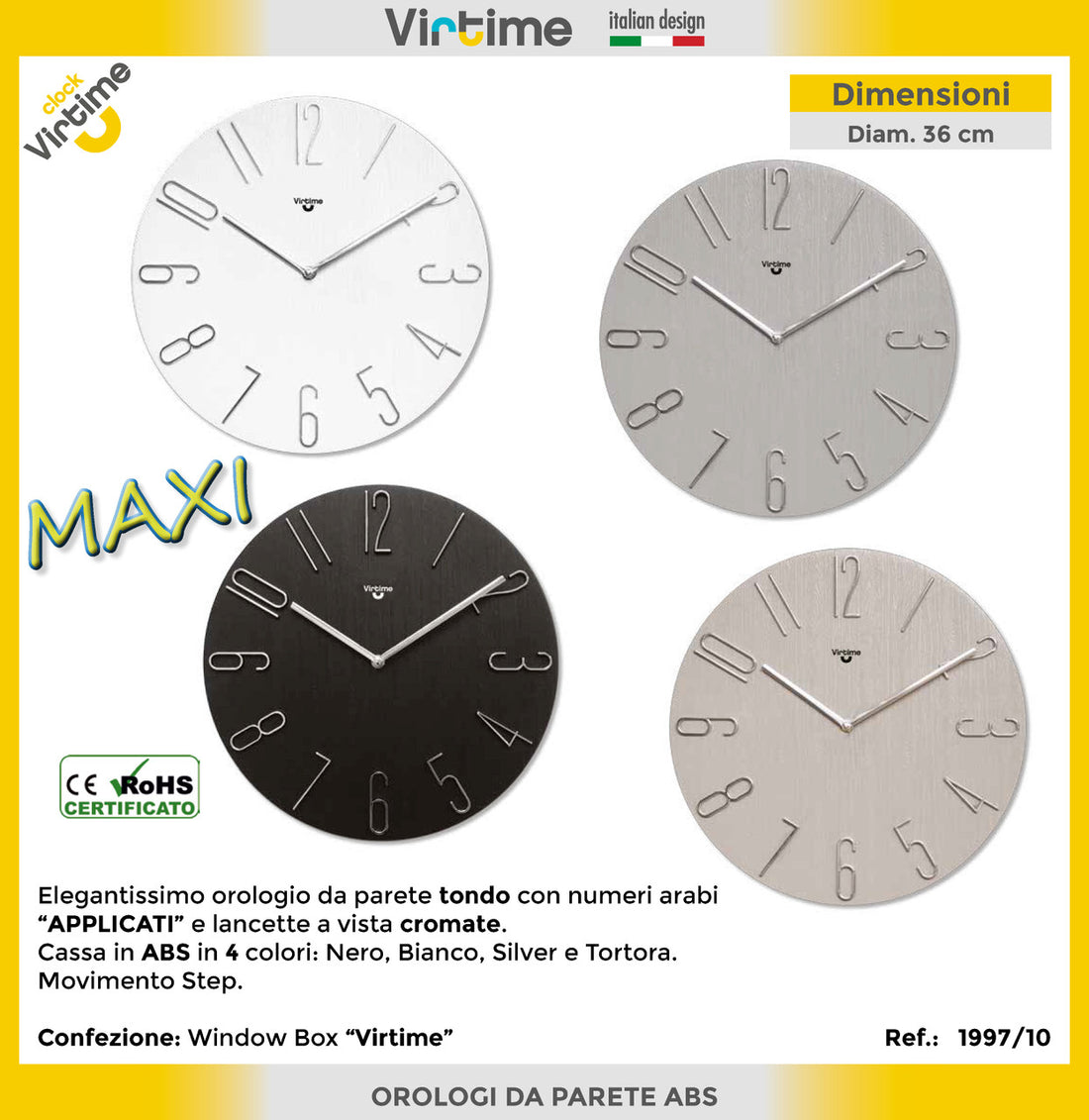 Virtime - Orologio Parete Tondo D.36 Cm Numeri Arabi 4 Colori Assortiti