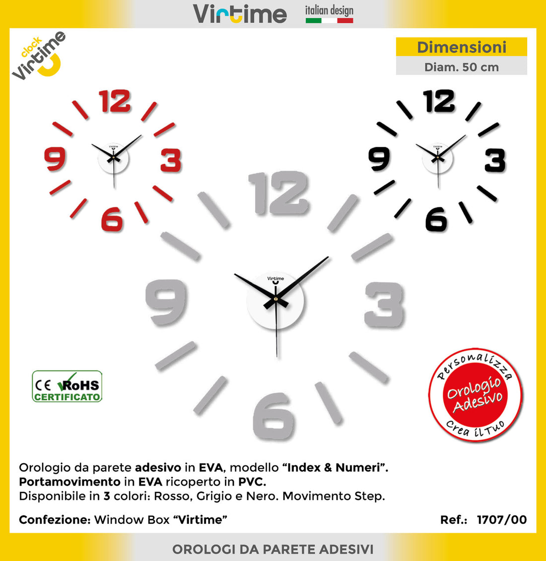 Virtime - Orologio Parete Eva Wall Stick 50X50Cm Index e numeri