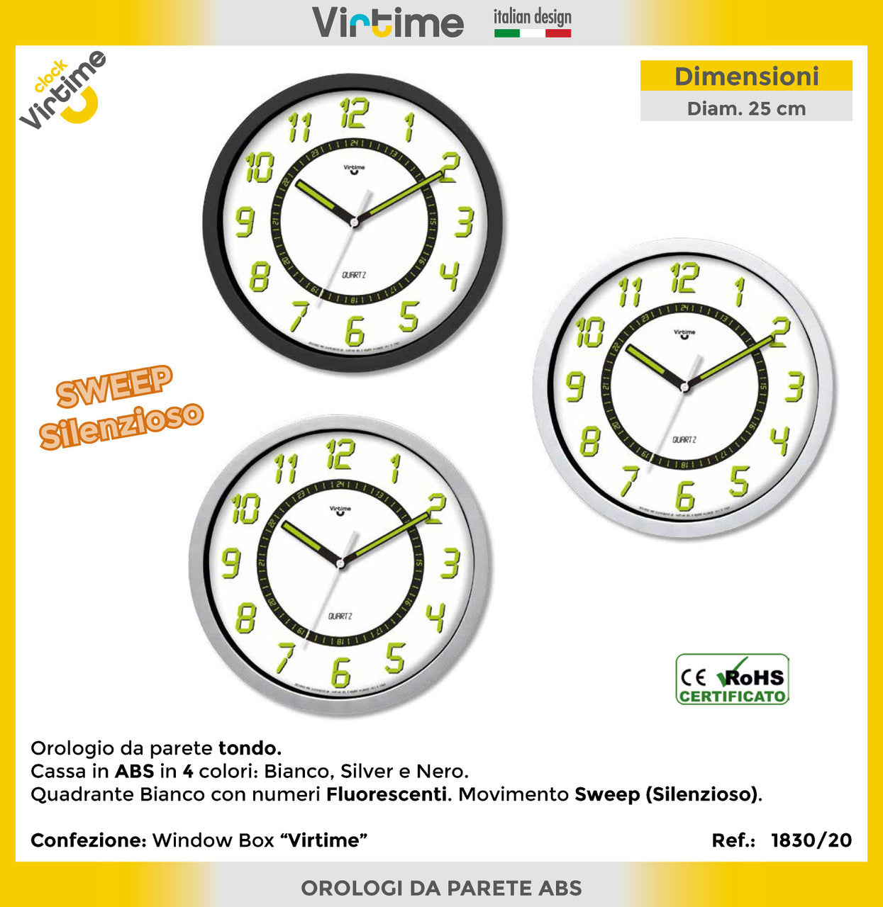 Virtime - Orologio Parete 25Ø numeri fluo silenzioso