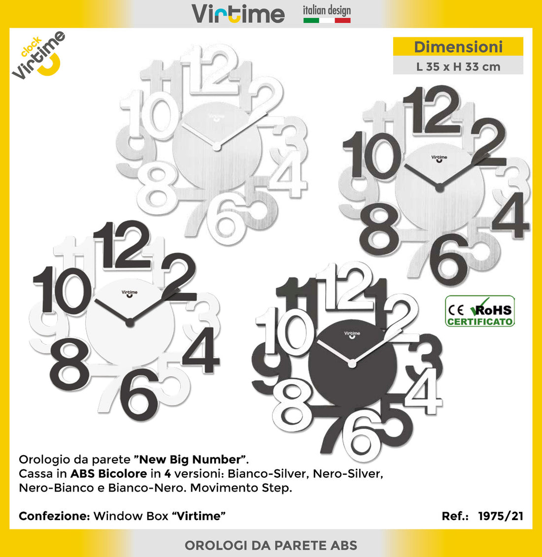 Virtime - Orologio Parete Abs Big Numbers 32.8X34.5 4 New Colors Assortiti