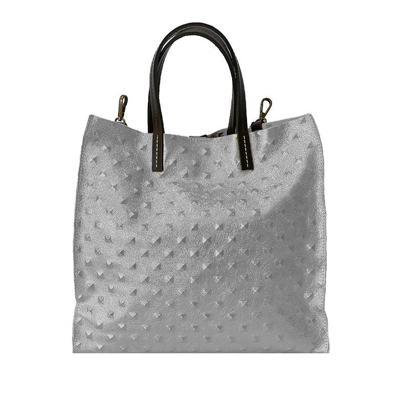 Valeria - Borsa Shopping a Mano in Pelle Metallizzata Stampa Borchie - FrasiBags