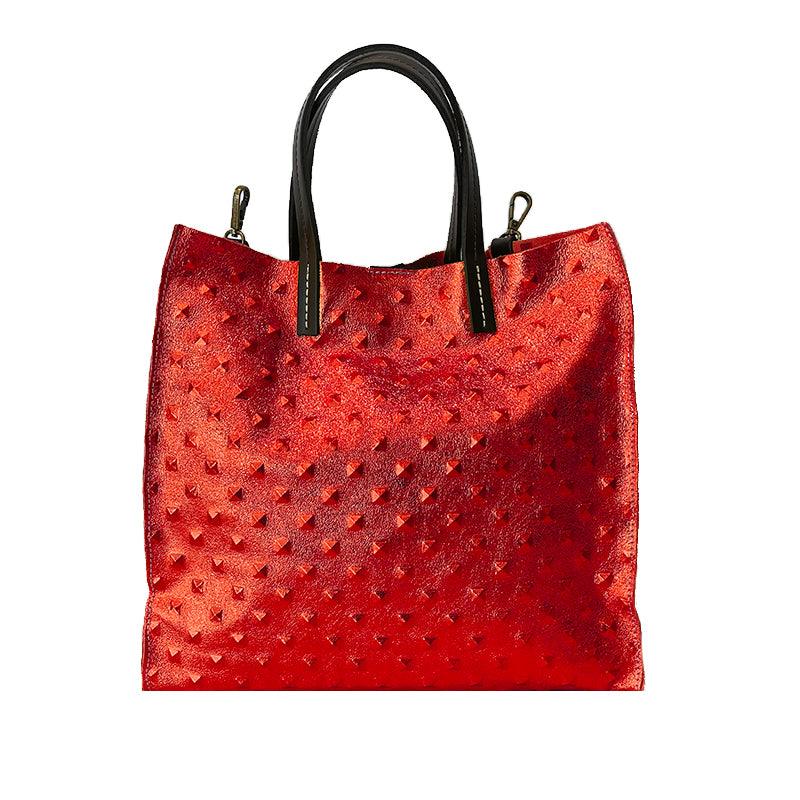 Valeria - Borsa Shopping a Mano in Pelle Metallizzata Stampa Borchie - FrasiBags